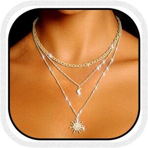 Rhinestone Layered Choker with Gold Moon & Sun Pendant - Modern Women's Jewelry